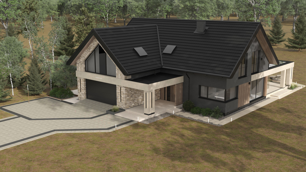 Projekt elewacji domu z tarasem i ogrodem zimowym i traktami - Dom w Felicjach - wizualizacja elewacja frontowa   