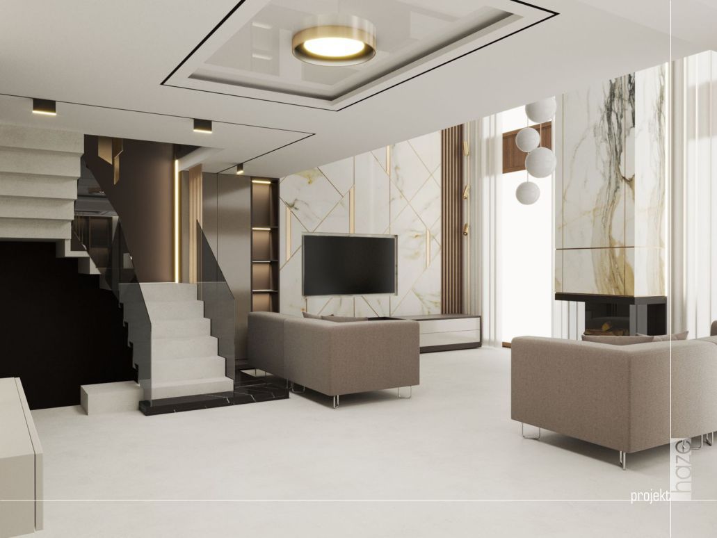projekt nowoczesnego wnętrza - wizualizacja salonu z antresolą 