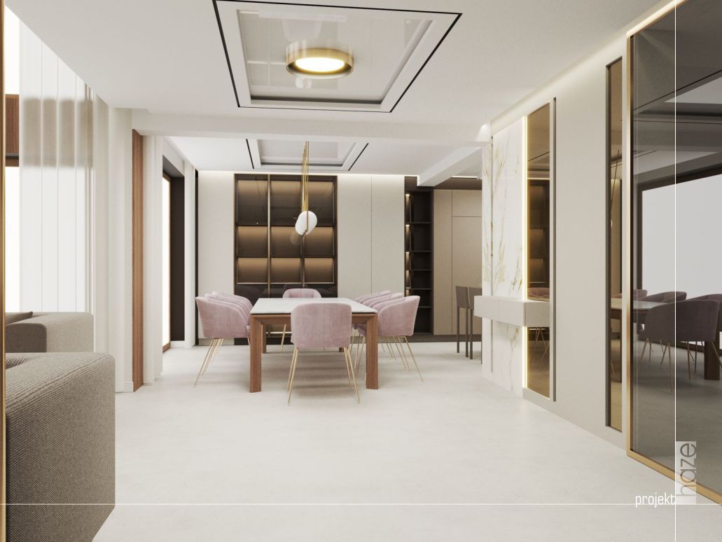 projekt nowoczesnego wnętrza - wizualizacja salonu z jadalnią