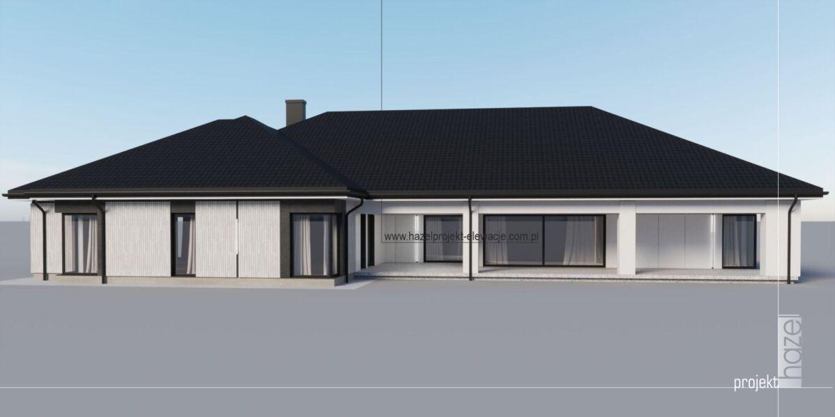 Hazel - Projektowanie elewacji. Projekt elewacji domu.parterowego. projekt elewacji woj. Mazowieckie, projekt online cała Polska, indywidualny projekt elewacji, wizualizacja elewacji biało czarna elewacja,