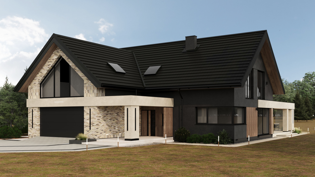 Projekt elewacji domu z tarasem i ogrodem zimowym i traktami - Dom w Felicjach - wizualizacja elewacja frontowa  