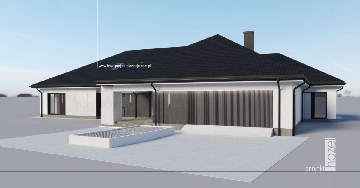 Hazel - Projektowanie elewacji. Projekt elewacji domu.parterowego. projekt elewacji woj. Mazowieckie, projekt online cała Polska, indywidualny projekt elewacji, wizualizacja elewacji biało czarna elewacja,