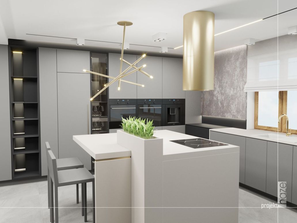 Projekt nowoczesnej kuchni, wizualizacja nowoczesnej kuchni, szaro złota kuchnia, 