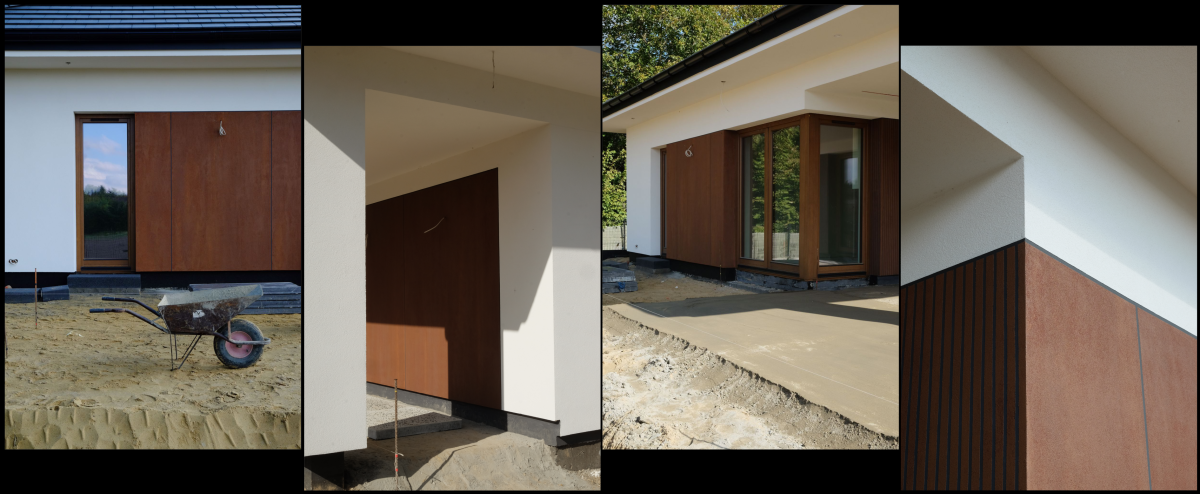 Projekt elewacji domu parterowego z tarasem i traktami na posesji. 