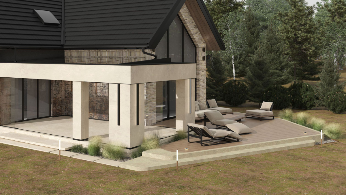 Projekt elewacji domu z tarasem i ogrodem zimowym i traktami - Dom w Felicjach - wizualizacja elewacja ogrodowa