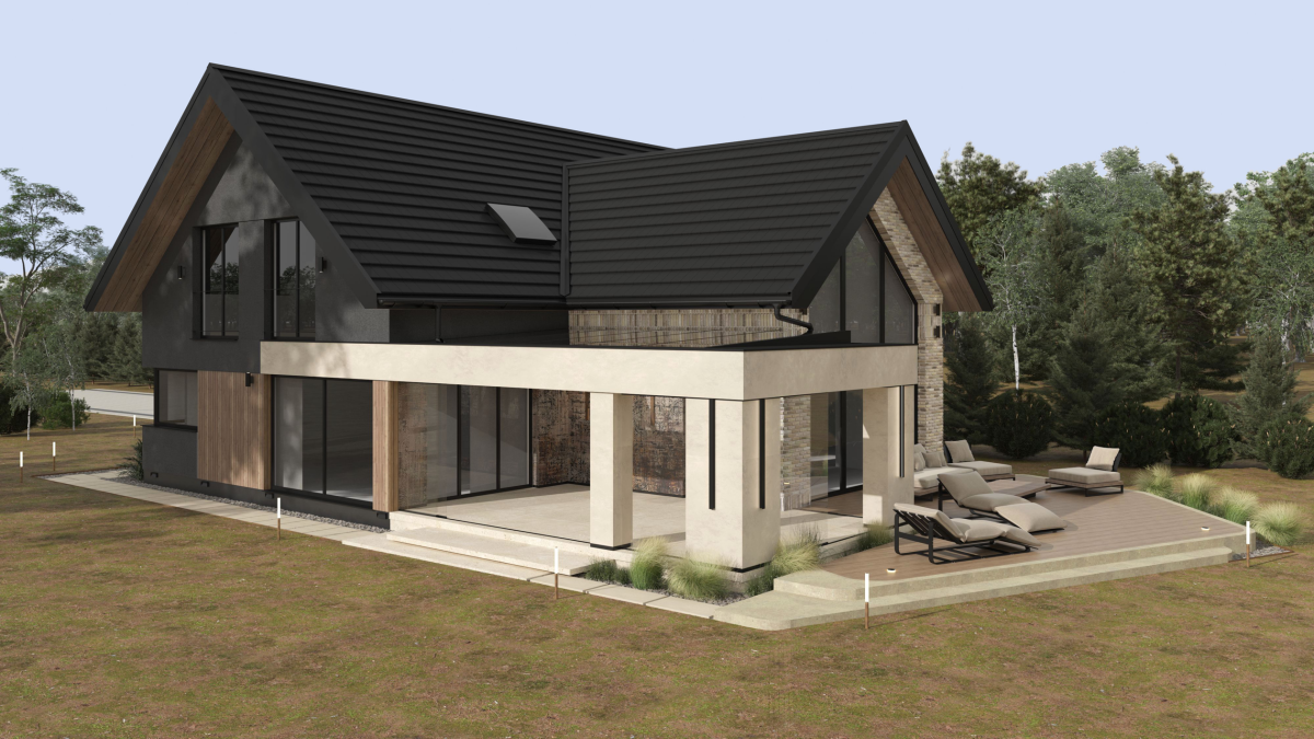 Projekt elewacji domu z tarasem i ogrodem zimowym i traktami - Dom w Felicjach - wizualizacja elewacja boczna 