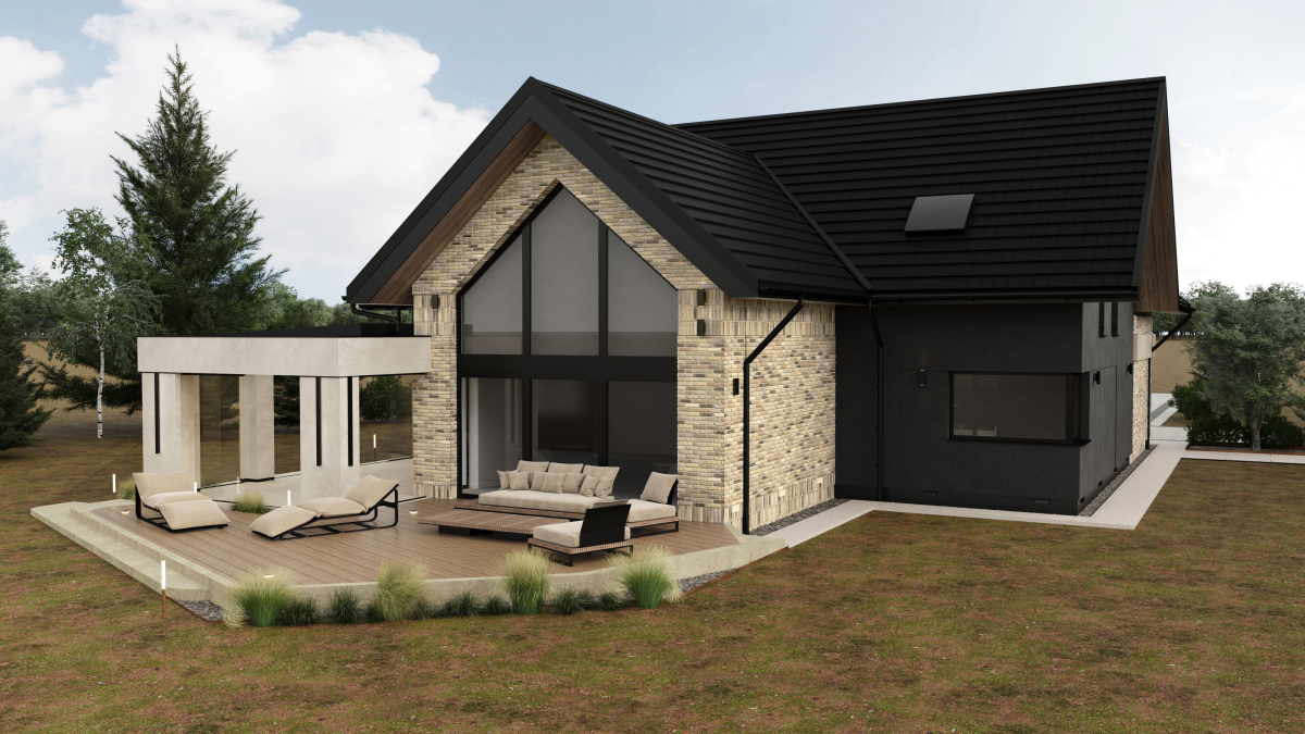 Projekt elewacji domu z traktami, tarasem i ogrodem zimowym - Dom w Felicjach - wizualizacja elewacja ogrodowa. 