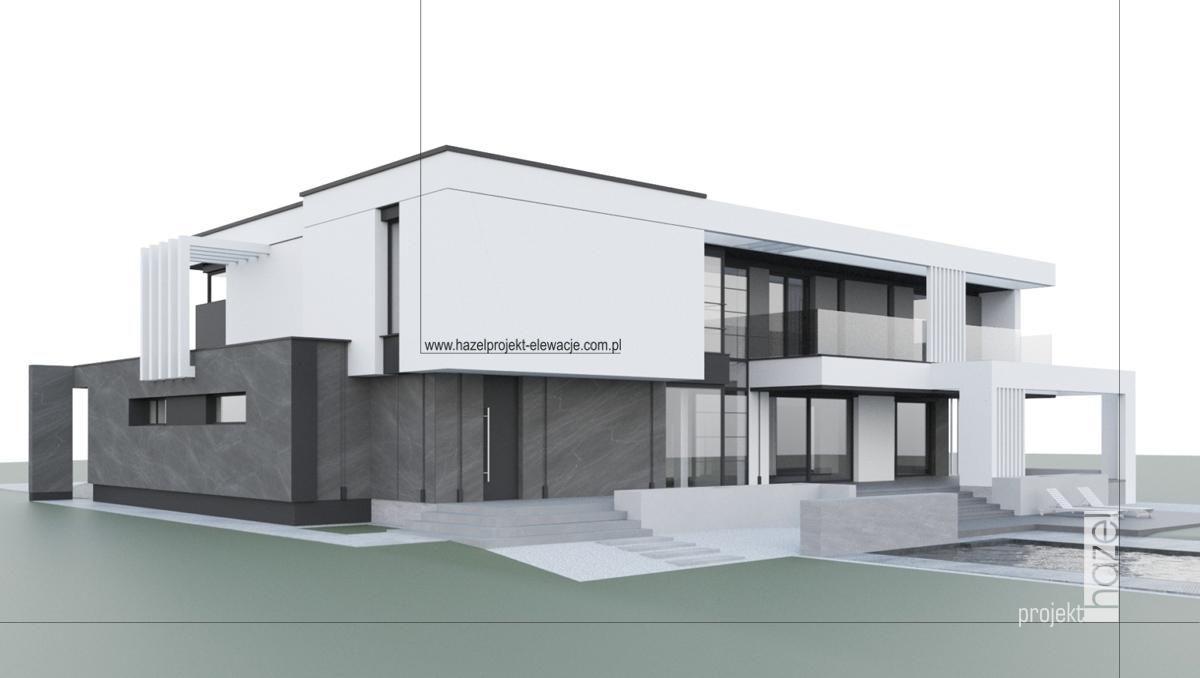 Hazel Projekt - Projektowanie elewacji. Projekt elewacji domu. Adaptacja projektu elewacji, Projektowanie elewacji online,  biała elewacja. styl rezydencja, wymarzona elewacja domu, 