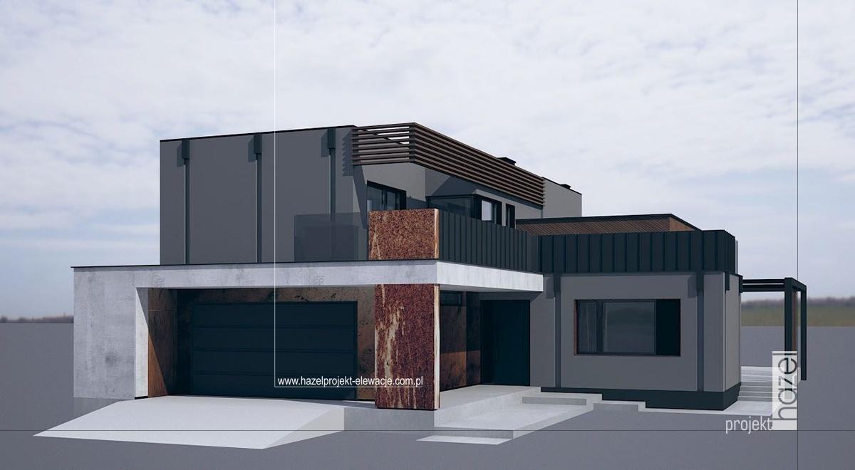 Projekt elewacji domu  Komfortowy D15 - adaptacja projektu - wizualizacja  Hazel projekt - Projektowanie elewacji. - czarna elewacja, tynk elewacyjny rdza, oryginalny projekt elewacji,  wymarzona elewacja domu,
