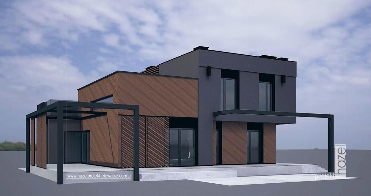 Projekt elewacji domu  Komfortowy D15 - adaptacja projektu - wizualizacja  Hazel projekt - Projektowanie elewacji. - czarna elewacja, tynk elewacyjny rdza, oryginalny projekt elewacji,  wymarzona elewacja domu,