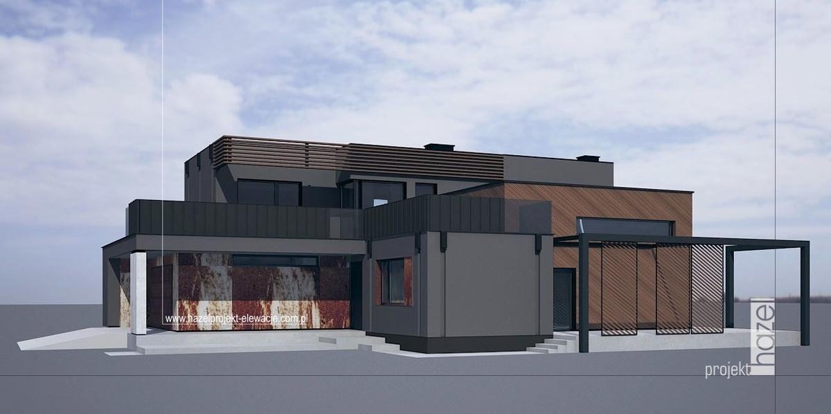 Projekt elewacji domu  Komfortowy D15 - adaptacja projektu - wizualizacja  Hazel projekt - Projektowanie elewacji. - czarna elewacja, tynk elewacyjny rdza, oryginalny projekt elewacji,  wymarzona elewacja domu,