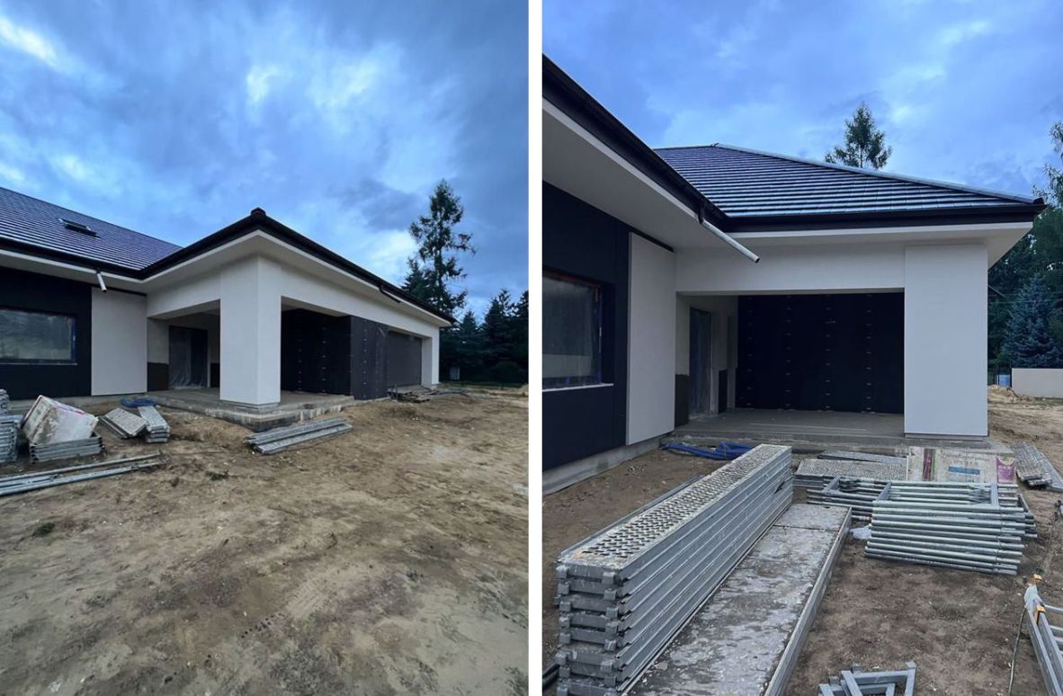 Hazel - Projektowanie elewacji. Projekt elewacji domu.parterowego. projekt elewacji woj. Mazowieckie, projekt online cała Polska, indywidualny projekt elewacji, wizualizacja elewacji biało czarna elewacja, zdjęcia z realizacji projektu