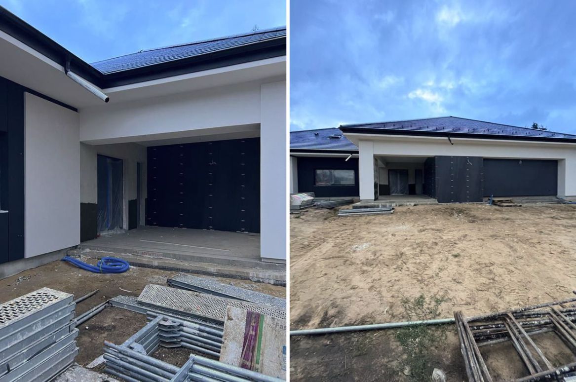 Hazel - Projektowanie elewacji. Projekt elewacji domu.parterowego. projekt elewacji woj. Mazowieckie, projekt online cała Polska, indywidualny projekt elewacji, wizualizacja elewacji biało czarna elewacja, zdjęcia z realizacji projektu