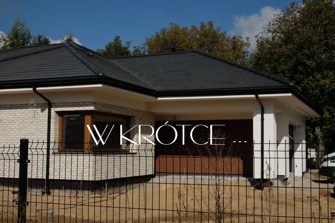 Projekt elewacji domu parterowego z tarasem i traktami na posesji. 