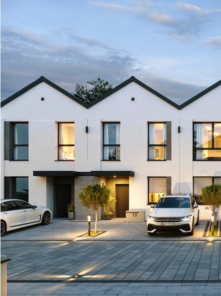 Projekt elewacji domów w zabudowie szeregowej - osiedle-Harmonia - Ostrołęka. Projekty elewacji Hazel Projekt. nowoczesne elewacje. wizualizacja elewacji domu.  