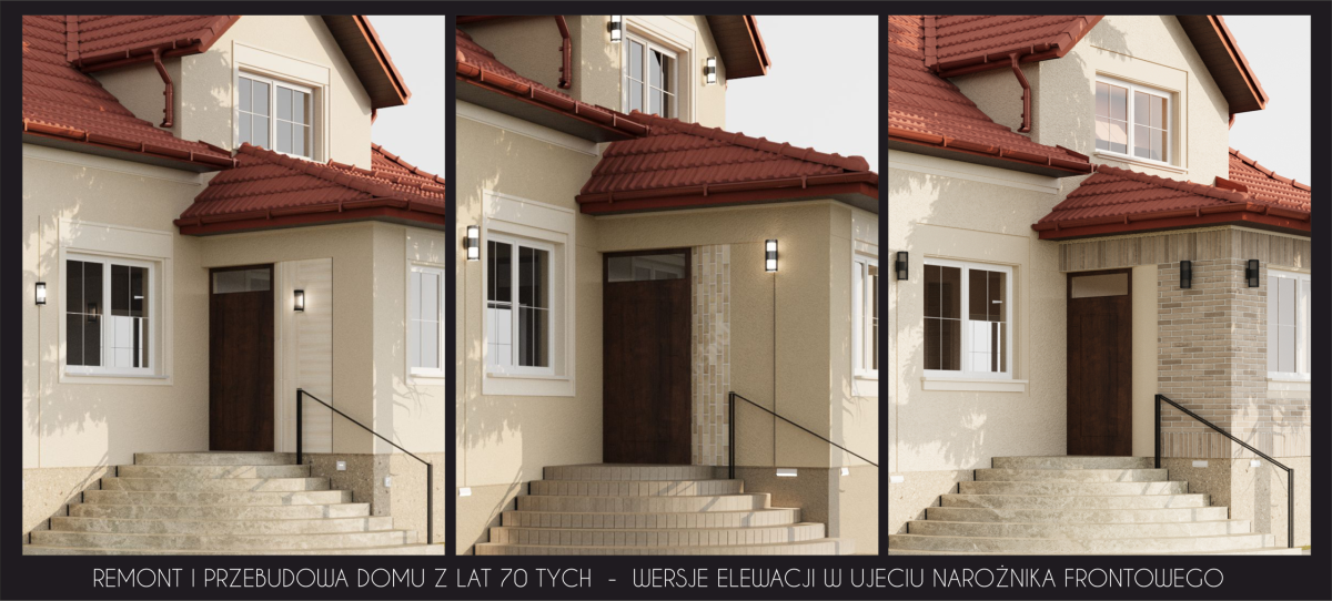 Projekt elewacji i przebudowy domu z lat 70-tych - wizualizacja. Projekt elewacji starego domu z czerwonym dachem, płytka klinkierowa na elewacji, elewacja stylizowana 