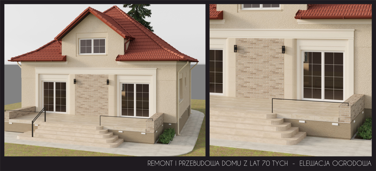Projekt elewacji i przebudowy domu z lat 70-tych - wizualizacja. Projekt elewacji starego domu z czerwonym dachem, płytka klinkierowa na elewacji, elewacja stylizowana 