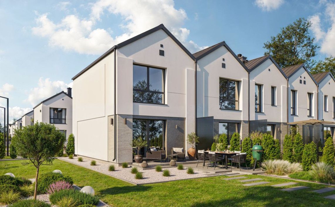 Projekt elewacji domów w zabudowie szeregowej - osiedle-Harmonia - Ostrołęka. Projekty elewacji Hazel Projekt. nowoczesne elewacje. wizualizacja elewacji domu.  