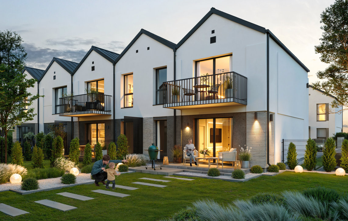 Projekt elewacji domów w zabudowie szeregowej - osiedle-Harmonia - Ostrołęka. Projekty elewacji Hazel Projekt. nowoczesne elewacje. wizualizacja elewacji domu.  