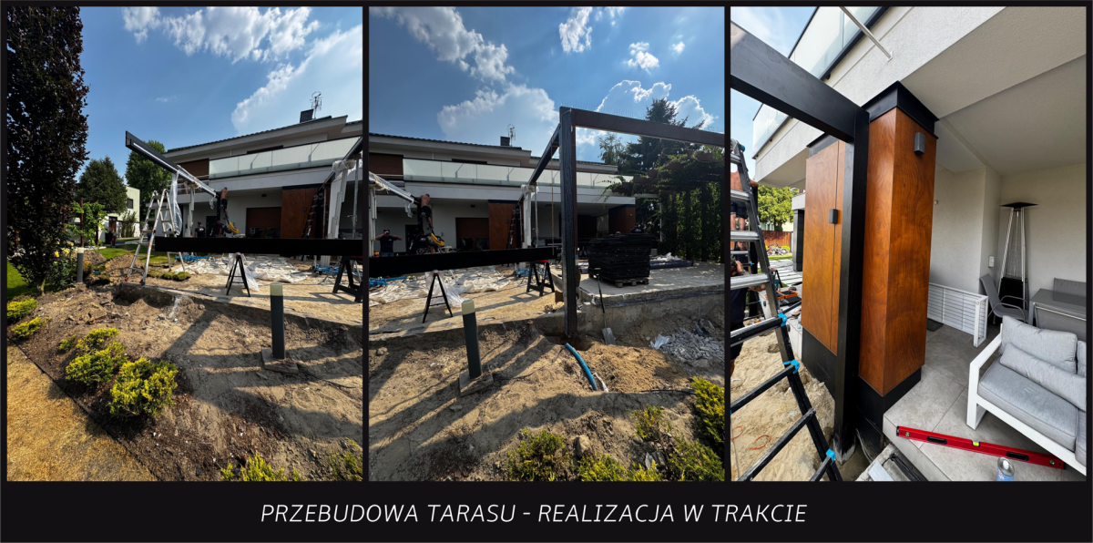 Projekt tarasu z pergolą typu ogród zimowy - realizacja w trakcie - zdjęcia.