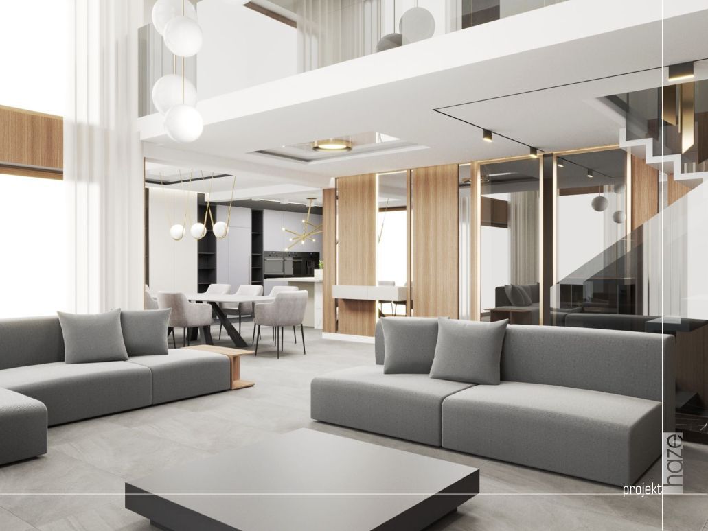 projekt nowoczesnego wnętrza - wizualizacja salonu z jadalnią 