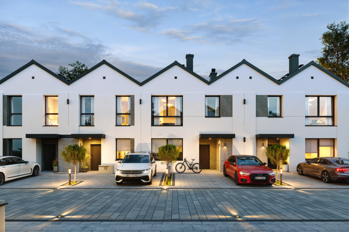 Projekt elewacji domów w zabudowie szeregowej - osiedle-Harmonia - Ostrołęka. Projekty elewacji Hazel Projekt. nowoczesne elewacje. wizualizacja elewacji domu.  