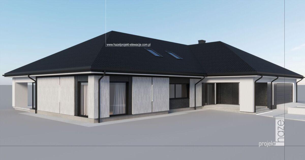 Hazel - Projektowanie elewacji. Projekt elewacji domu.parterowego. projekt elewacji woj. Mazowieckie, projekt online cała Polska, indywidualny projekt elewacji, wizualizacja elewacji biało czarna elewacja,