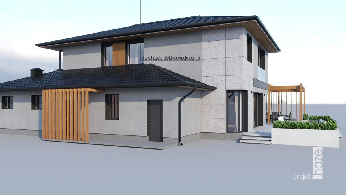 Hazel projekt - Projektowanie elewacji. Projekt elewacji domu. Projekt elewacji domu piętrowego. indywidualny projekt elewacji, projektowanie online, projekt elewacji online. projekt tarasu z pergolą, pergola tarasowa, wymarzona elewacja domu, wymarzony dom, 