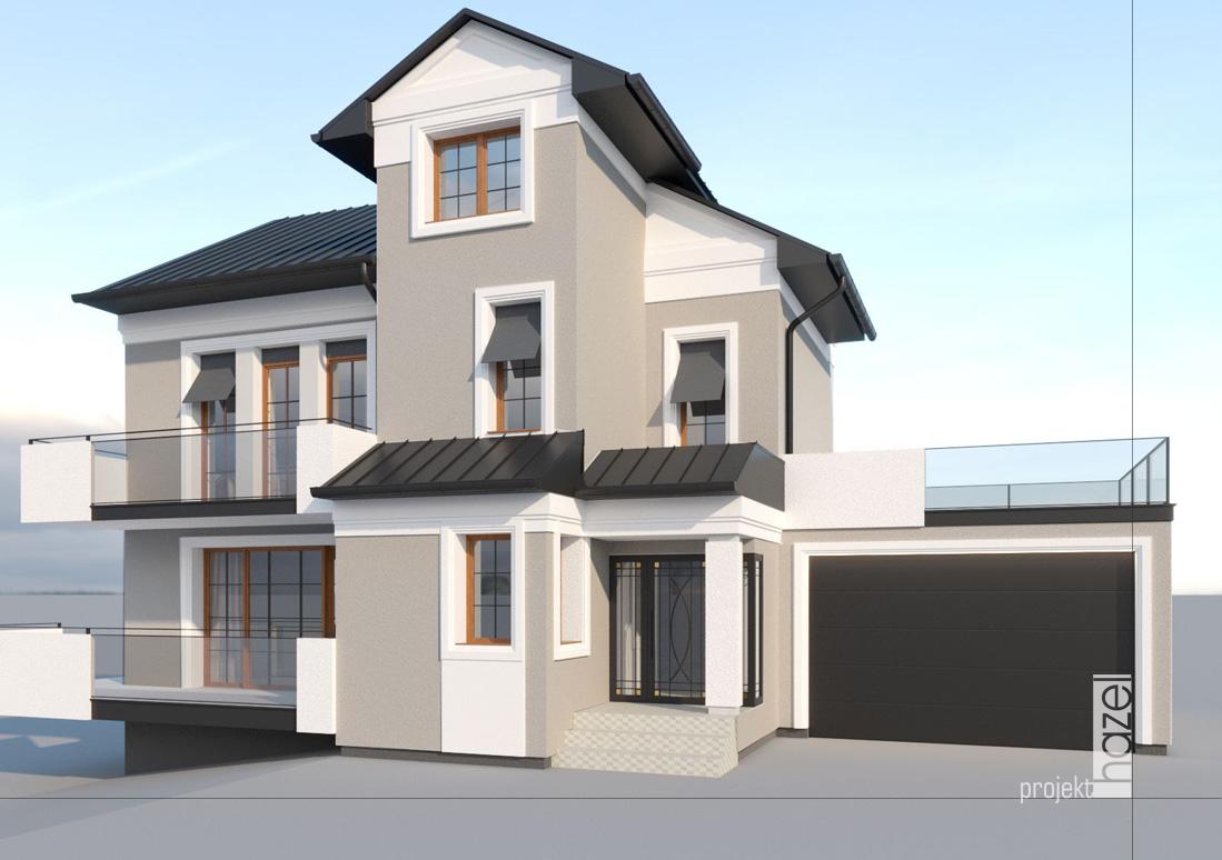 Hazel projekt - Projektowanie elewacji. Projekt elewacji domu. projekt elewacji w Gdyni, elewacje Trójmiasto, Rzeszów, Warszawa. Projekty elewacji domu. indywidualny projekt elewacji, projektowanie online, projekt elewacji online, remont starego domu, elewacja w stylu modern classic, sztukaterie na elewacji, szara elewacja, 