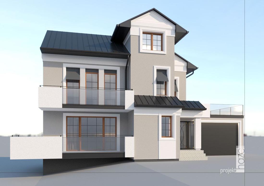 Hazel projekt - Projektowanie elewacji. Projekt elewacji domu. projekt elewacji w Gdyni, elewacje Trójmiasto, Rzeszów, Warszawa. Projekty elewacji domu. indywidualny projekt elewacji, projektowanie online, projekt elewacji online, remont starego domu, elewacja w stylu modern classic, sztukaterie na elewacji, szara elewacja, 