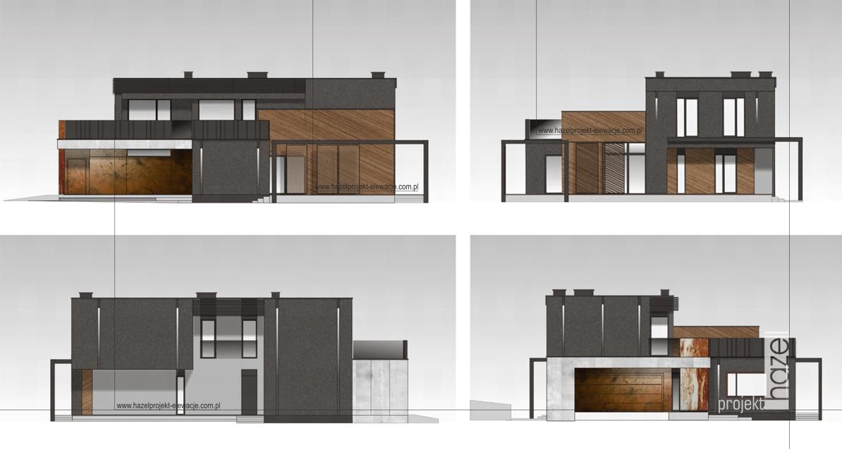 Projekt elewacji domu  Komfortowy D15 - adaptacja projektu - wizualizacja  Hazel projekt - Projektowanie elewacji. - czarna elewacja, tynk elewacyjny rdza, oryginalny projekt elewacji,  wymarzona elewacja domu,