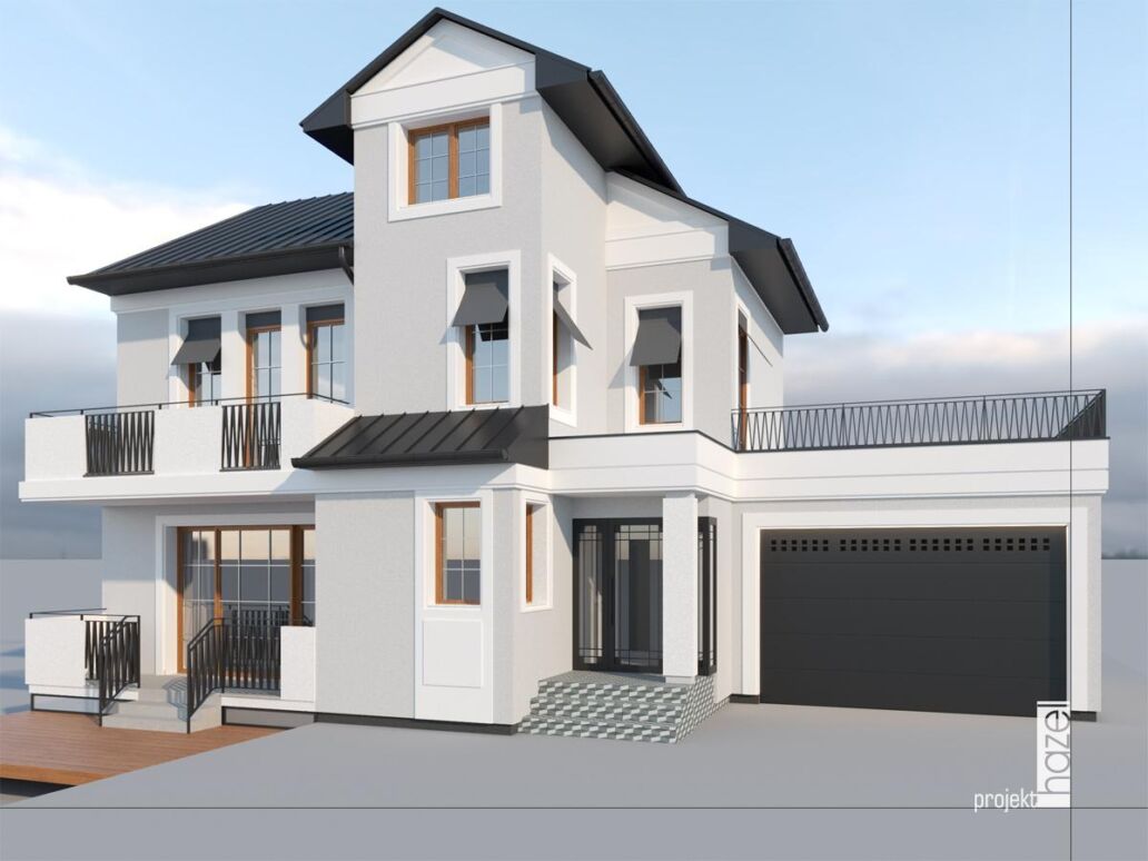 Hazel projekt - Projektowanie elewacji. Projekt elewacji domu. projekt elewacji w Gdyni, elewacje Trójmiasto, Rzeszów, Warszawa. Projekty elewacji domu. indywidualny projekt elewacji, projektowanie online, projekt elewacji online, remont starego domu, elewacja w stylu modern classic, sztukaterie na elewacji, szara elewacja, 