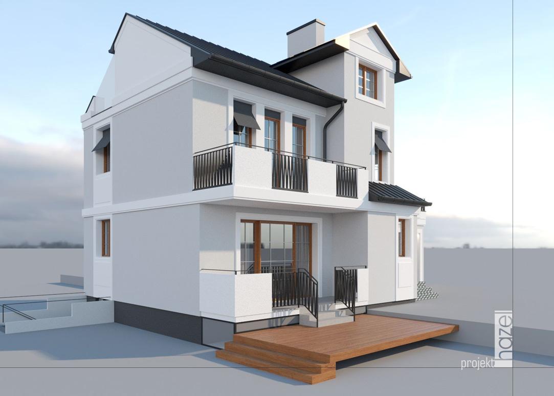 Hazel projekt - Projektowanie elewacji. Projekt elewacji domu. projekt elewacji w Gdyni, elewacje Trójmiasto, Rzeszów, Warszawa. Projekty elewacji domu. indywidualny projekt elewacji, projektowanie online, projekt elewacji online, remont starego domu, elewacja w stylu modern classic, sztukaterie na elewacji, szara elewacja, 