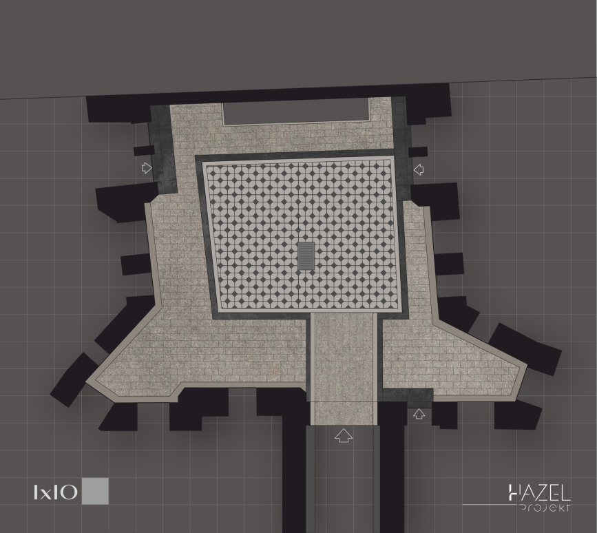 Projekt kostki brukowej - modernizacja podwórka kamienicy. HAZEL PROJEKT - projektowanie. projekty terenu posesji traktów i podjazdu 