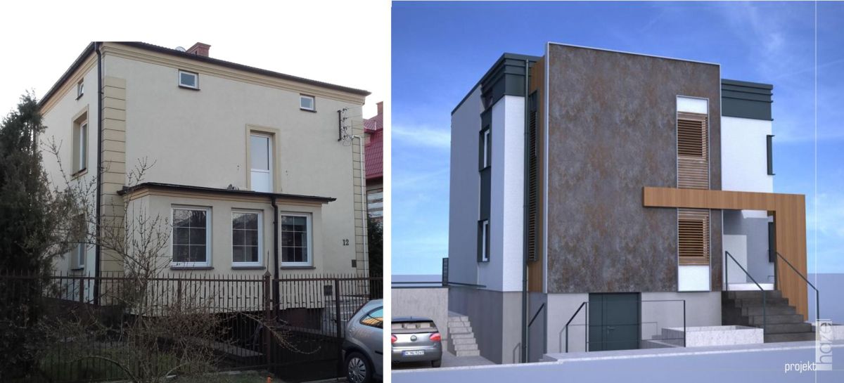 Hazel Projekt- Projektowanie elewacji. projekt przebudowy domu typu kostka. Dom kostka przed i po. modernizacja i przebudowa. projekt elewacji z modernizacją, projekt nowoczesnej elewacji, projektowanie elewacji online, 