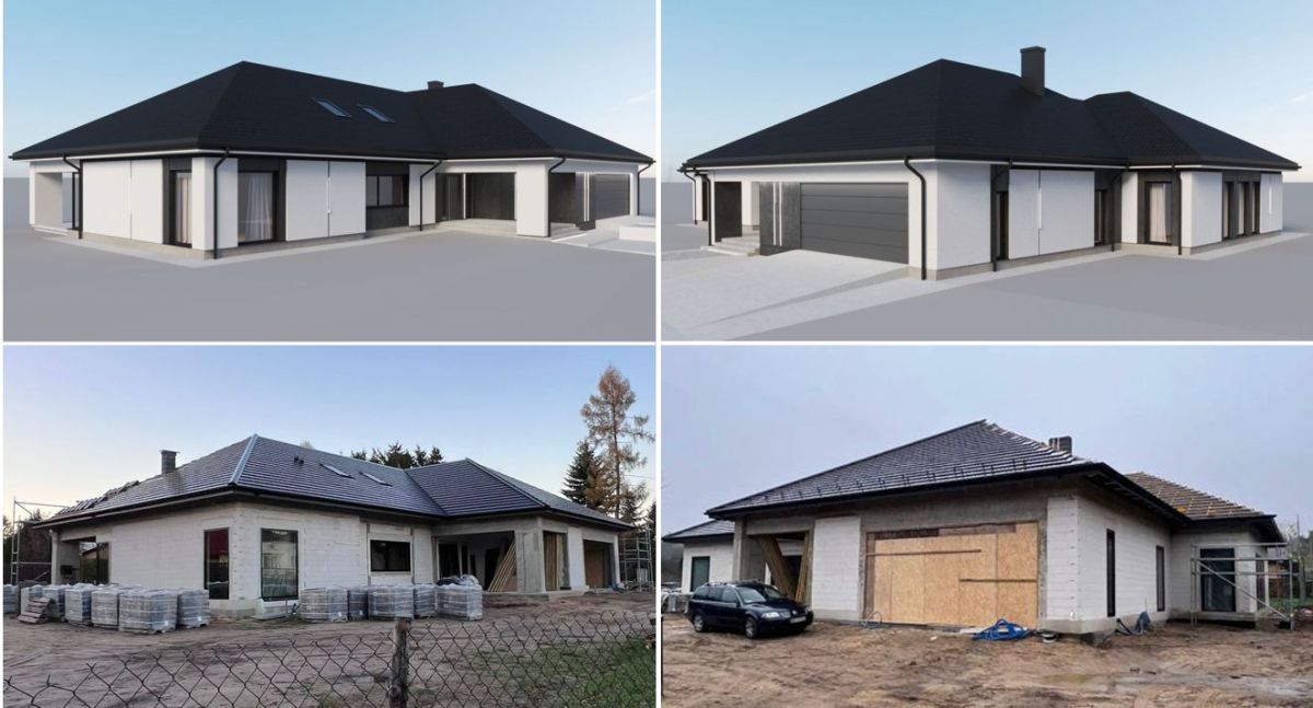 Hazel - Projektowanie elewacji. Projekt elewacji domu.parterowego. projekt elewacji woj. Mazowieckie, projekt online cała Polska, indywidualny projekt elewacji, wizualizacja elewacji biało czarna elewacja, zdjęcia z realizacji projektu