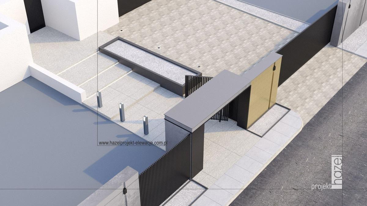 ogrodzenie frontowe posesji, projekt ogrodzenia frontowego, projektowanie ogrodzeń, nowoczesne ogrodzenie, spieki kwarcowe na ogrodzeniu, stalowe ogrodzenie, furtka z zadaszeniem, 