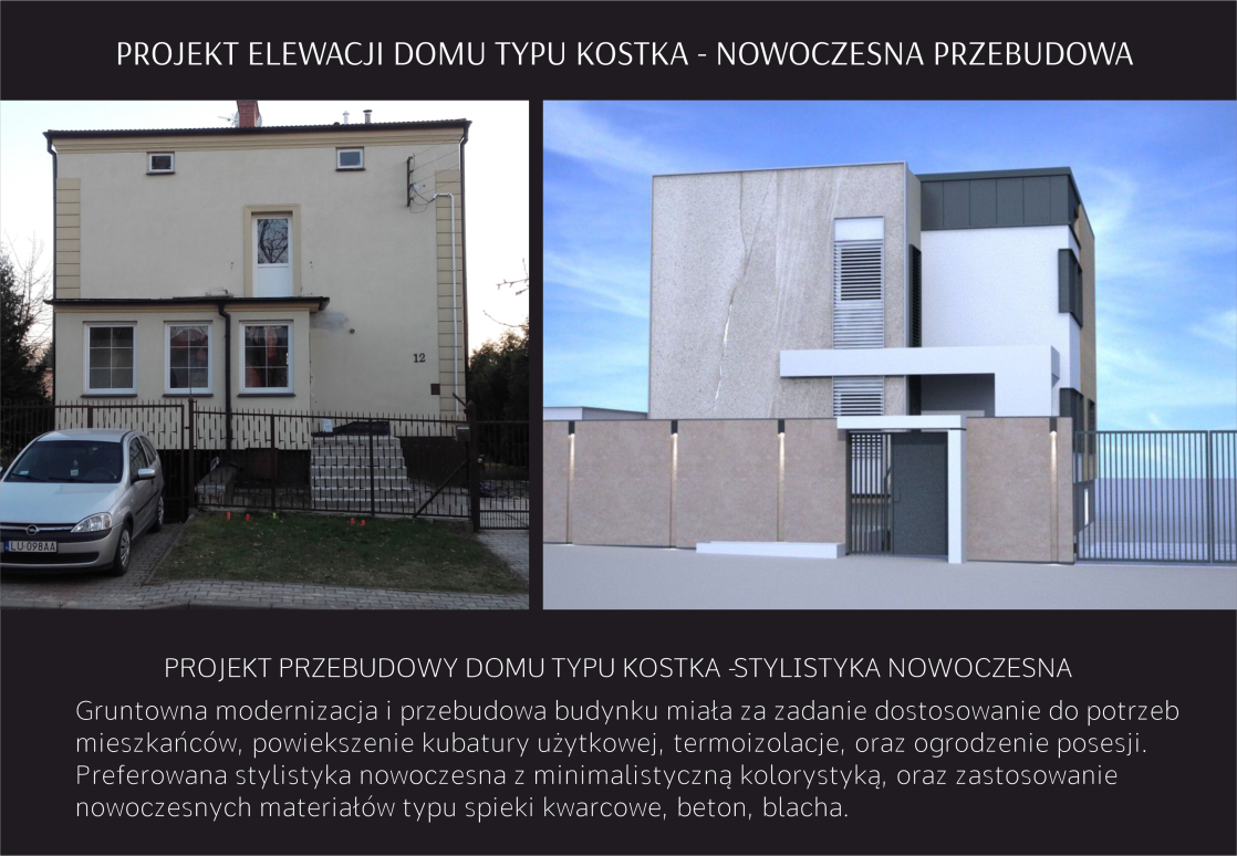 Projekt przebudowy i modernizacji elewacji domu typu kostka i ogrodzenia frontowego. 