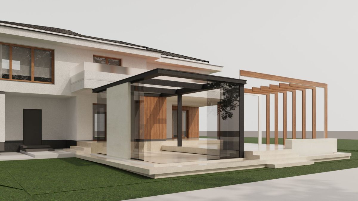 Hazel projekt - projektowanie elewacji, zadaszenie drzwi frontowych, projekt strefy wejścia, projekt elewacji, zadaszenie drzwi wejściowych,  projekt tarasu, projektowanie tarasów, nowoczesny taras ogrodowy, Hazel projekt - projektowanie elewacji, wymarzona elewacja domu, wymarzony dom, 