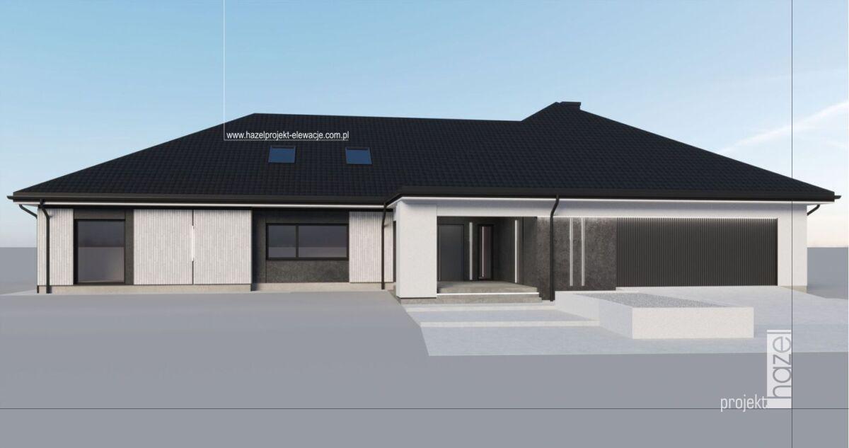 Hazel - Projektowanie elewacji. Projekt elewacji domu.parterowego. projekt elewacji woj. Mazowieckie, projekt online cała Polska, indywidualny projekt elewacji, wizualizacja elewacji biało czarna elewacja,