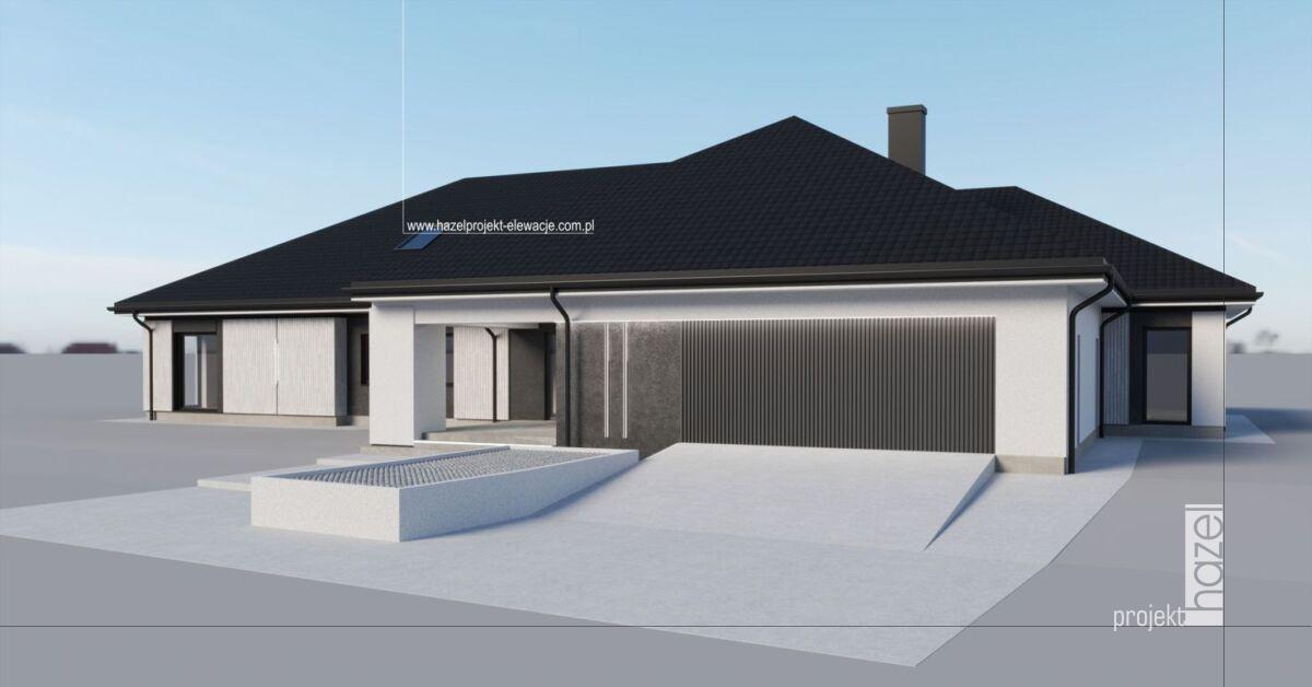 Hazel - Projektowanie elewacji. Projekt elewacji domu.parterowego. projekt elewacji woj. Mazowieckie, projekt online cała Polska, indywidualny projekt elewacji, wizualizacja elewacji biało czarna elewacja,